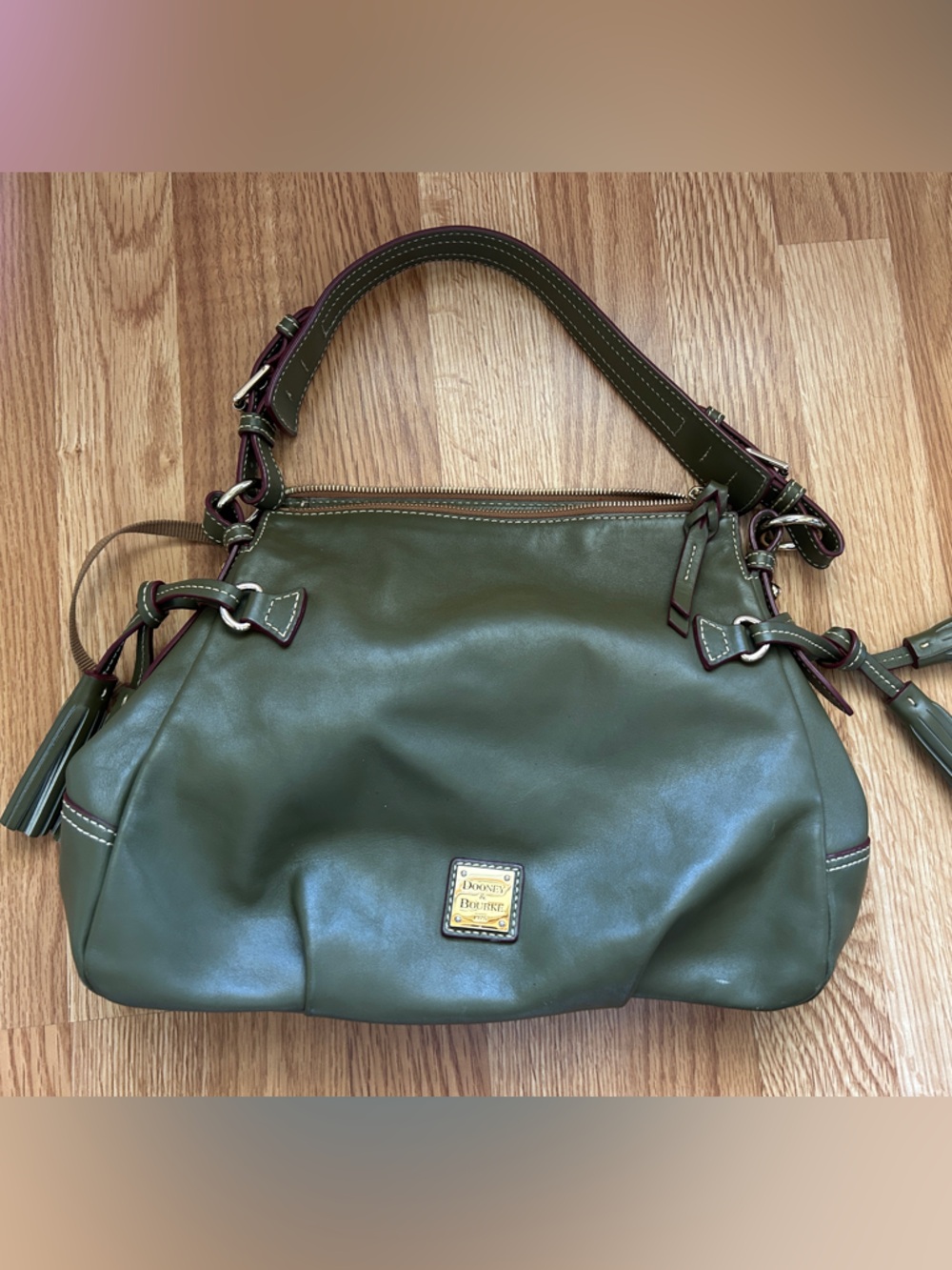 Dooney & Bourke Olive Green Leather Shoulder Bag with Tassels
